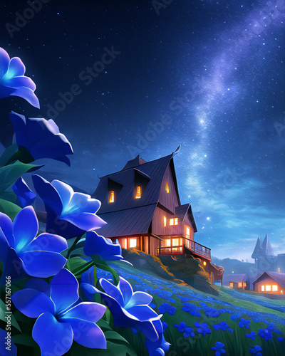 A fantasy house in a magical glade of blue flowers. A beautiful night with stars.
