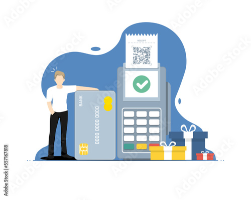Shopping online concept, Human standing with card swipe machine, digital marketing illustration.
