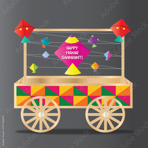 Happy makar sankranti festival indian festival of kites harvest beautiful cart design with colorful kites