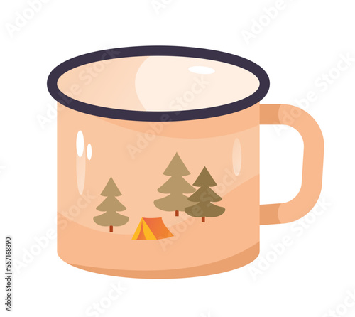 Hiking iron mug with the image of the forest. Vector illustration in a flat style.
