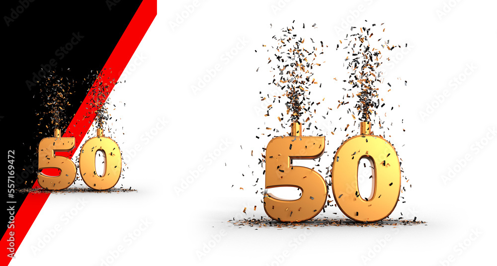 Fototapeta premium cinquante ans, ou cinquantième anniversaire, mot en 3D doré avec canon à confettis sur fond transparent - rendu 3D 