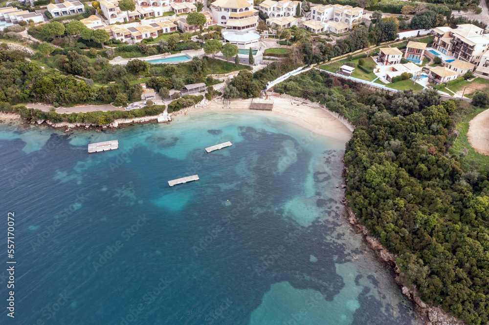 Syvota Greece. Aerial view of Sivota sandy beach and tourist resort, Epirus Ionian coast.
