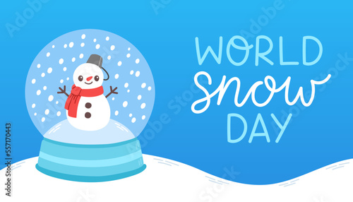 World Snow Day. Christmas snow ball with little snowman and snowflakes. Flat design vector