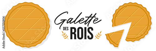  Galette des Rois - Bannière autour de l'épiphanie - Titre et illustrations de frangipane, gâteau entier et part