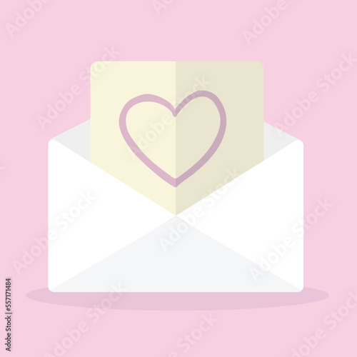 Vector illustration with envelope and pink heart on light pink background. St. Valentine's day love letter. 
