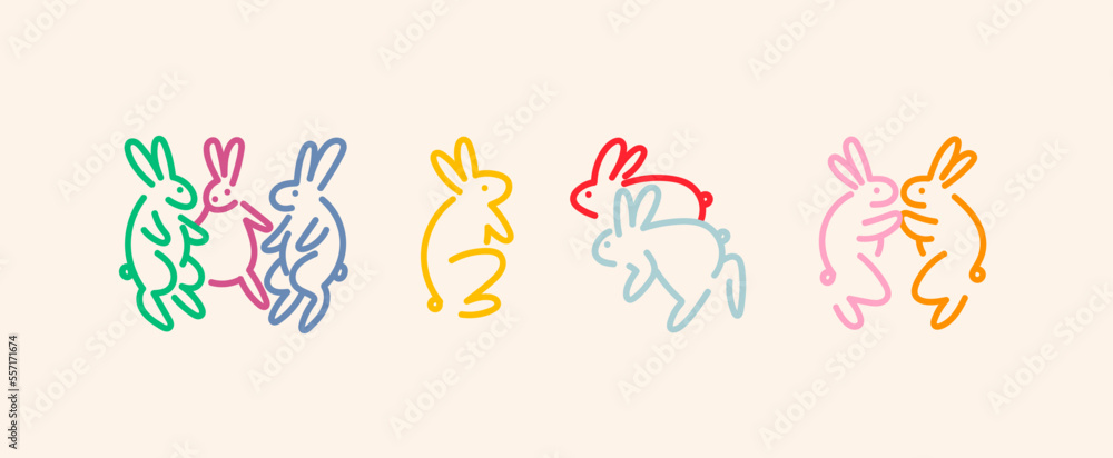 Various colorful Bunnies. Dancing, standing, fighting, running rabbits. Hand drawn Vector illustration. Cute simple cartoon creatures. Icon, logo, print templates. Isolated elements. New year symbol