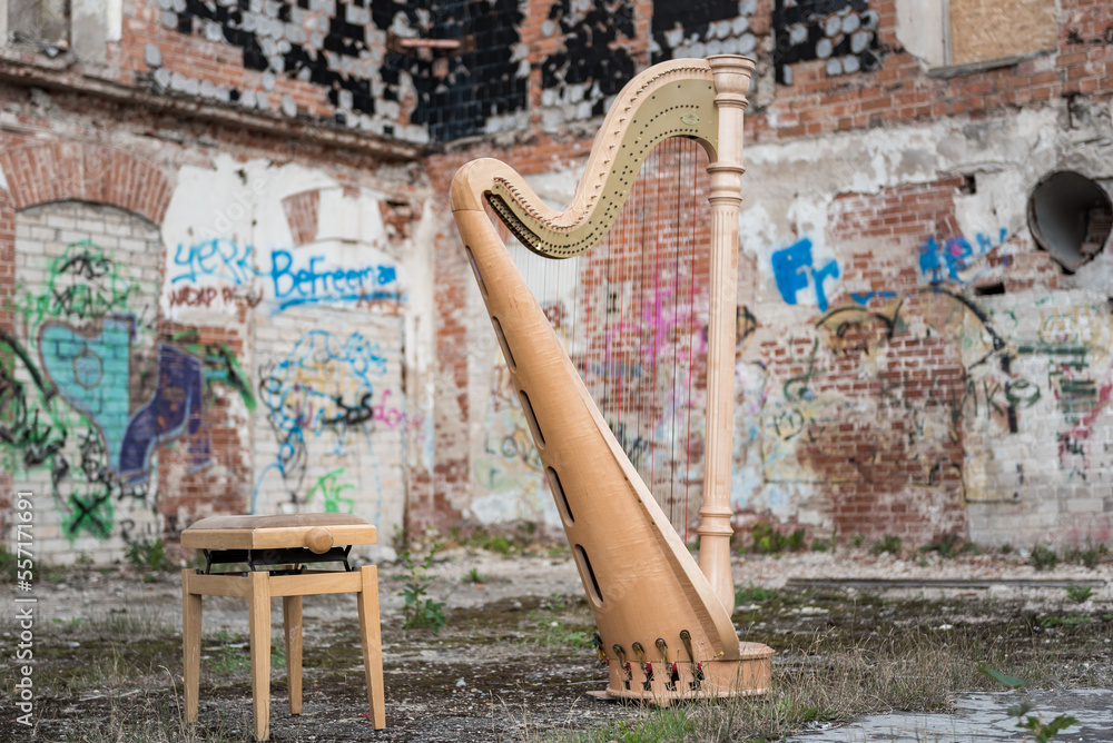Obraz premium Luxury Harp Music Instrument in Abandoned Building Background