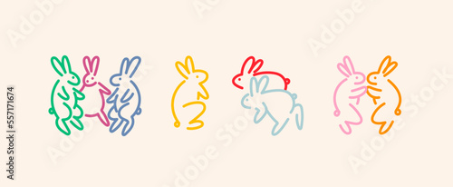 Various colorful Bunnies. Dancing, standing, fighting, running rabbits. Hand drawn Vector illustration. Cute simple cartoon creatures. Icon, logo, print templates. Isolated elements. New year symbol
