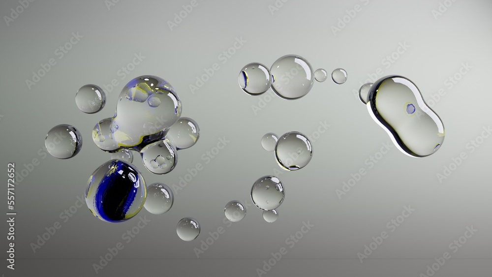 3d rendering of many water droplets in zero gravity that merge with