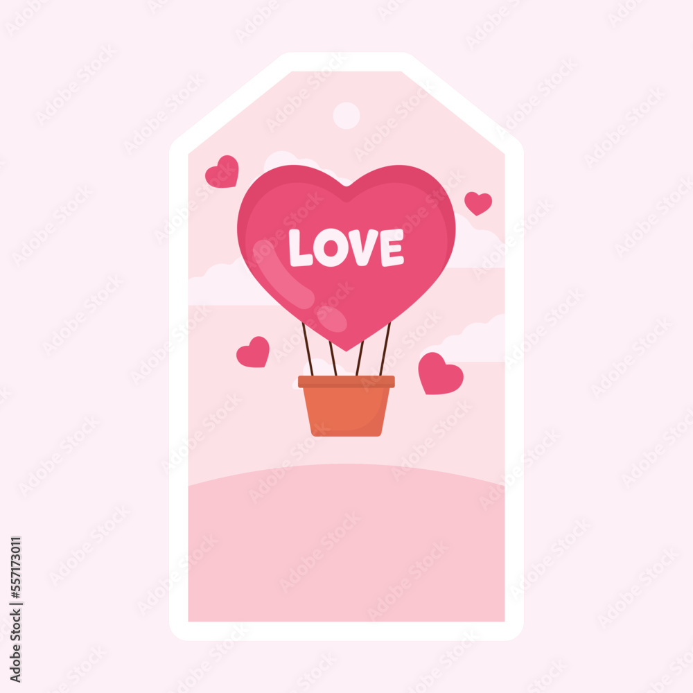 Flying Hearts With Hot Air Balloon Over Pink Clouds Pentagon Background For Love Tag Or Sticker Design.