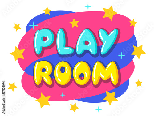 Cartoon play room sticker. Kids game zone, children's entertainment party club and game zone badge flat vector illustration on white background