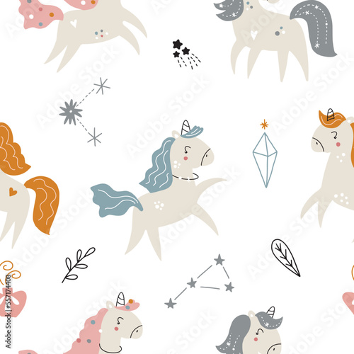 Seamless repeating pattern with cute unicorns on a white background. Vector illustration for fashion fabrics, textile graphics, prints, etc.
