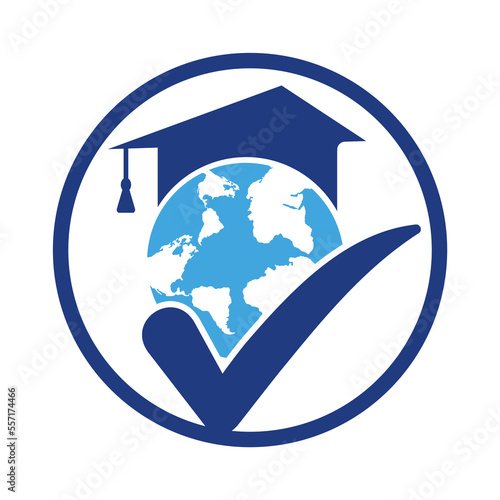 Education world vector logo template with globe and student hat symbol.