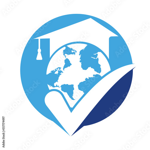 Education world vector logo template with globe and student hat symbol.