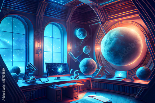 Fototapete Fantasy astronomer workplace, ai illustration