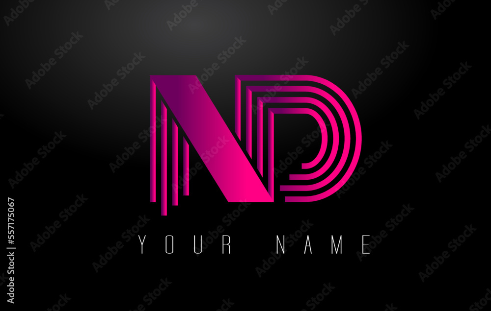 ND Magenta Lines Letter Logo. Creative Line Letters Vector Template.