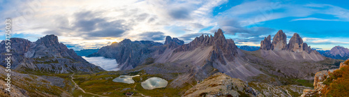 Tre Cime di Lavaredo Locatelli refuge (Three Peaks of Lavaredo or Drei Zinnen) national park summer landscape. photo