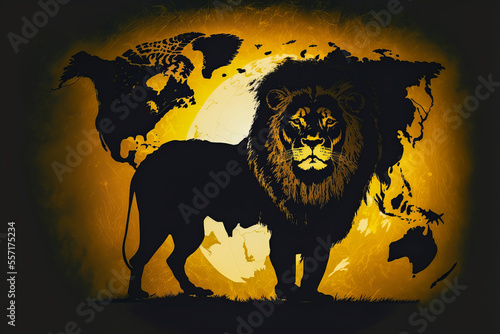 A lion silhouette on a gold and black world map, highlighting Africa's greatness and place in the world. Ideal for selling Africa, its wildlife and safari.
