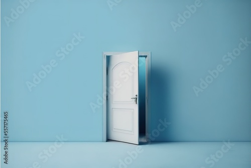 Opened Wooden Door On Blue Pastel Wall Copy Scape Ready Background Generative AI