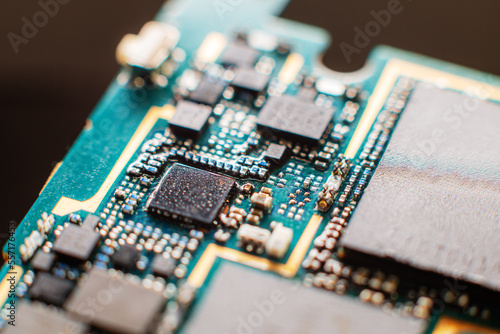 Smartphone PCB and chips super close-up - very small SMD elements