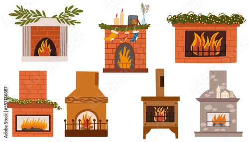 Christmas fireplace collection. Home fireplaces with socks, stockings, gifts, candles, firs and Xmas decoration. Warm cozy hearths with winter holiday decor. Vector illustrations isolated on white
