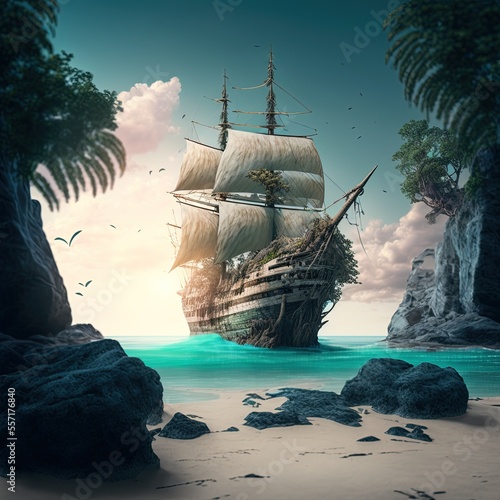 illustration an old ship on a sandy beach made with generative ai