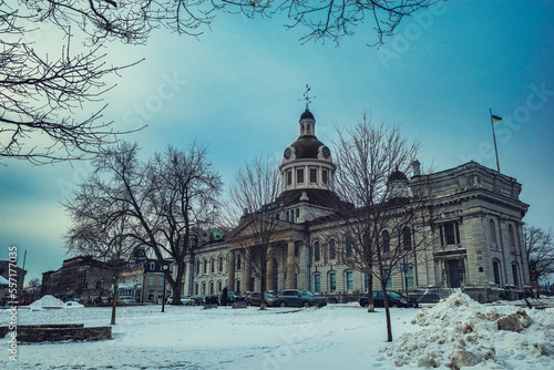 Ice and snow landscapes and cityscapes of Kingston Ontario CANADA, featuring ice structures, scenic old heritage buildings and winter conditions after the Ontario Storm of 2022