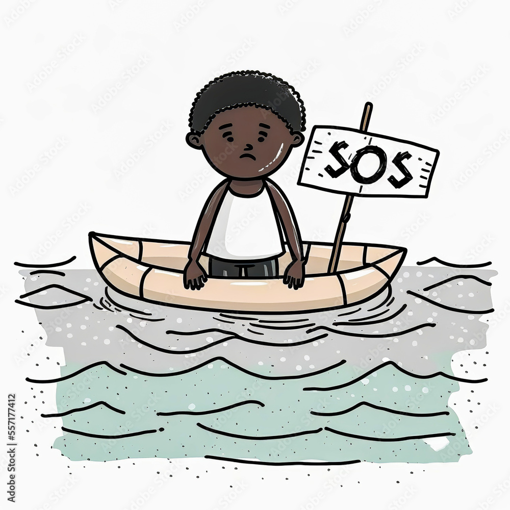 A young African boy cries for help, holding an SOS sign from the raft ...