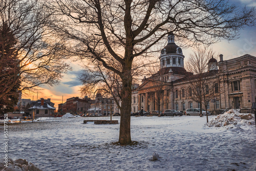 Ice and snow landscapes and cityscapes of Kingston Ontario CANADA, featuring ice structures, scenic old heritage buildings and winter conditions after the Ontario Storm of 2022