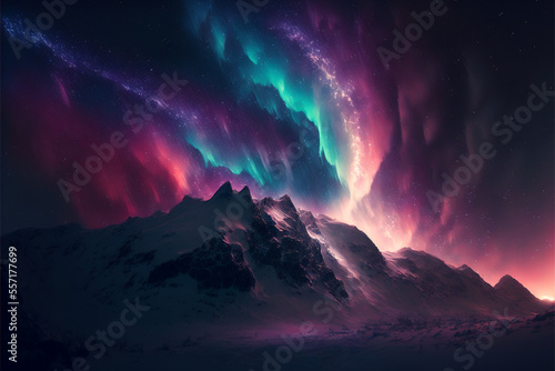 Massive mountains and sky filled with supernatural lights with Generative AI © Natthithin