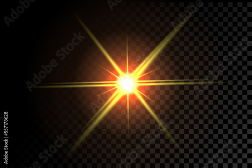 Sparkling star with blinking light on a dark transparent background. Vector explosion with rays and flare effect.