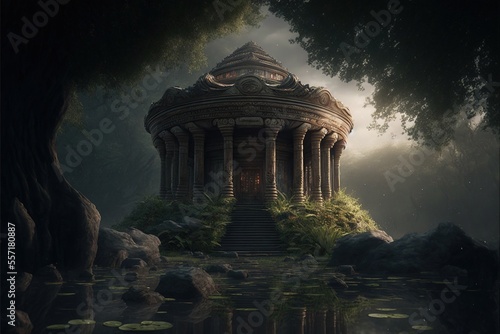 An ancient temple seen in a dark fantasy atmosphere. photo