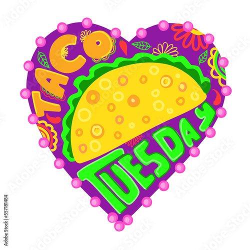 Taco Tuesday in the style of the 90s. Taco party. Mexican cuisine print. Vector isolated illustration on a white background