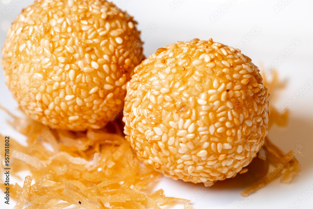 Closeup, Chinese, Hong Kong style, dim sum, sesame balls, Cantonese Closeup, Chinese, Hong Kong style, dim sum, sesame balls, Cantonese