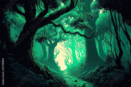 Trees in a green forest illustration. Generative AI photo