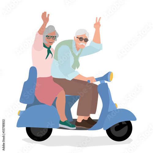 Active older man and woman driving scooter
