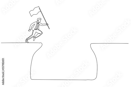 Cartoon of businessman jump over cliff gap to achieve business target concept of determination. One continuous line art style