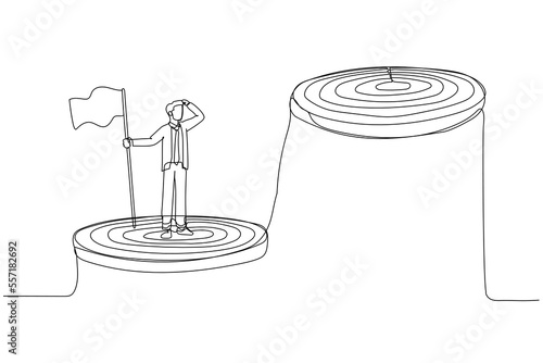 Illustration of businessman climb up ladder reaching goal and looking for next bigger step. Single line art style