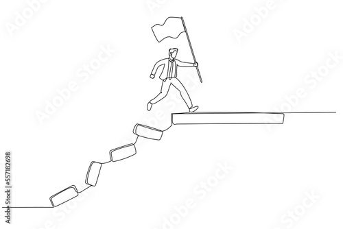 Drawing of businessman jumping on collapse bridge to reach target concept of survival. Single continuous line art style