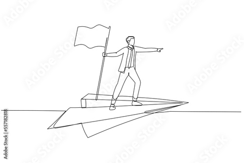 Drawing of businessman flying with paper plane concept of discovery. Continuous line art style