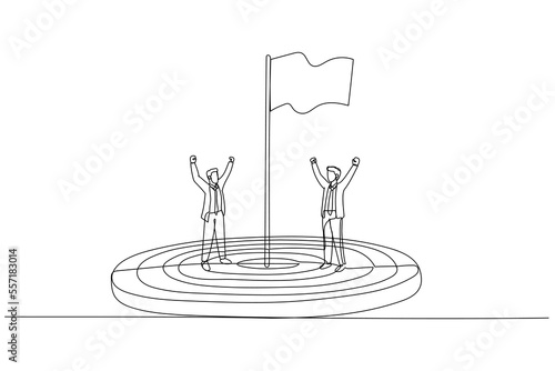 Illustration of businessmen flagpole flagstaff target aim field concept of achievement. Single continuous line art
