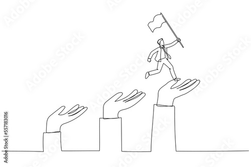 Drawing of businessman jumping up giant hand growth ladder concept of progress. Continuous line art style
