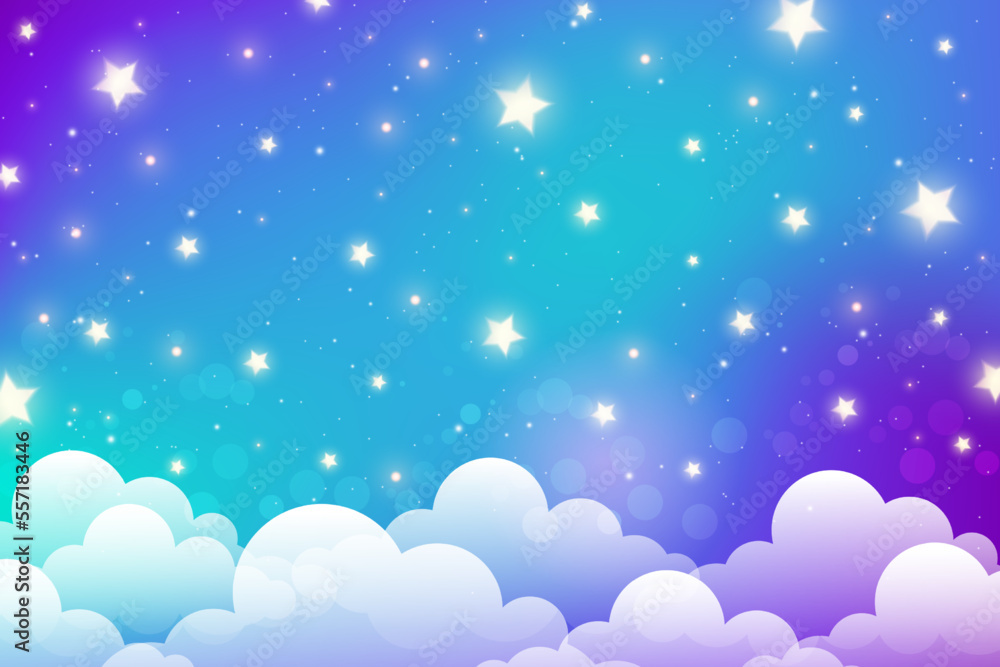 Obraz premium Night sky with stars and clouds. Magical landscape, abstract fabulous pattern. Cute candy wallpaper. Vector cartoon illustration.