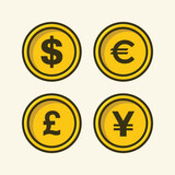 Main currencies symbols represented as gold coins