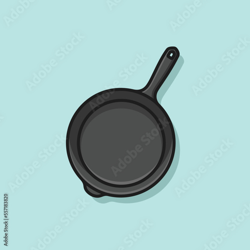 Frying Pan Isolated on light Background. Top View of Black and Metal Stainless Steel Frypan. Kitchen Utensil. Induction Cooking Pot or Suitable Non-Stick Skillet Pan