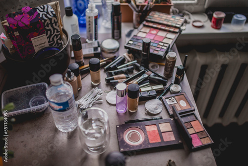 Chaotic mess of make up tools and products