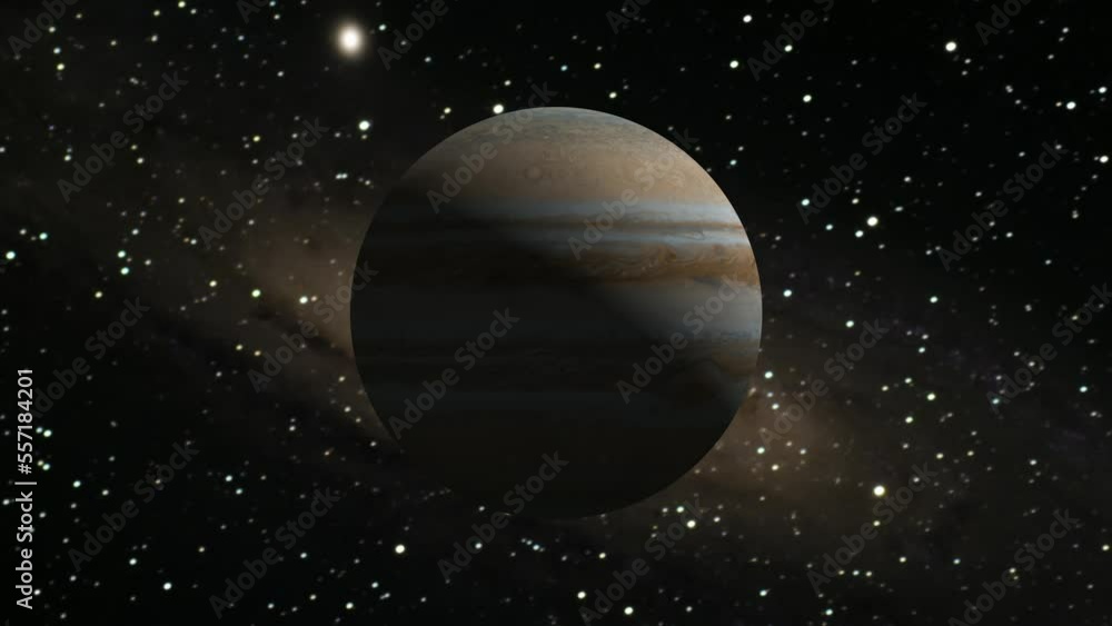 Jupiter planet in space. realistic 3d Jupiter planet rotating . galaxy background. Jupiter planet in space. realistic 3d Jupiter planet rotating . galaxy background.