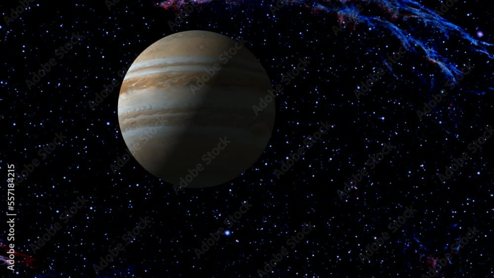 Jupiter planet in space. realistic 3d Jupiter planet rotating . galaxy background. Jupiter planet in space. realistic 3d Jupiter planet rotating . galaxy background.