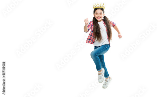 childhood of girl in crown run isolated on white, banner. childhood of girl in crown in studio.