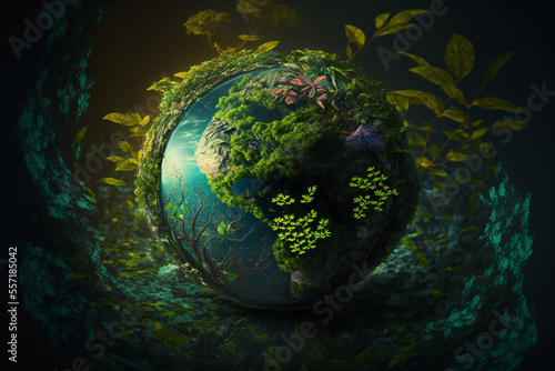 Illustration of a thriving planet Earth with a lot of greenery and foliage.